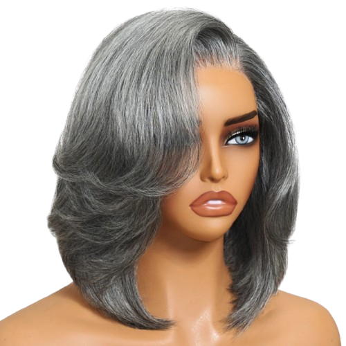 Layered Blowout Salt & Pepper Short Bob Wig 150%